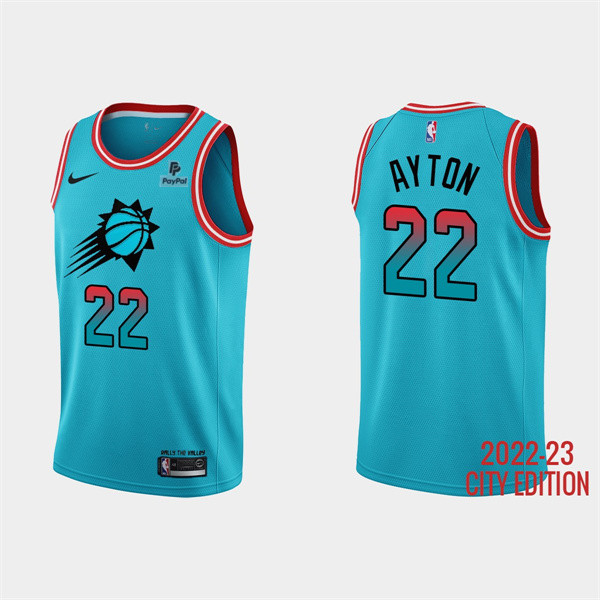 Men's Phoenix Suns #22 Deandre Ayton Blue 2022/23 City Edition With Black Payple Patch Stitched Basketball Jersey